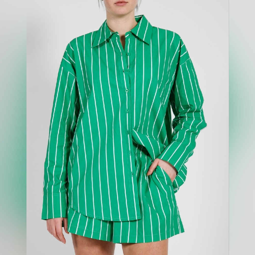 Brunette the Label Kelly Green Striped Collared Shirt
